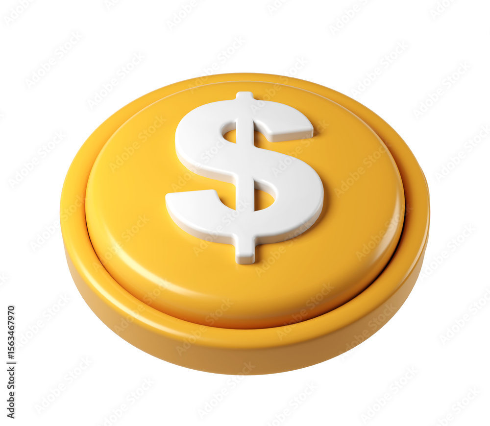 Fototapete 3d rendering icon of a large golden finance coin showing a white dollar sign, isolated on transparen
