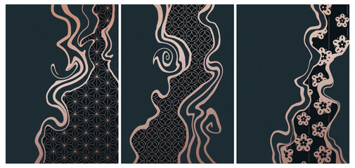 vector abstract japanese style landscapes lined waves in black and gold colours	, set of 3 artwork