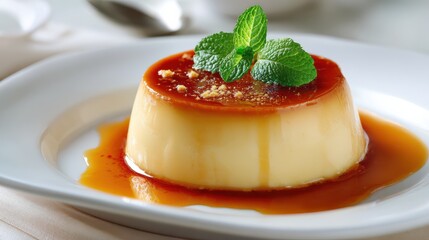 Creamy caramel flan dessert garnished with fresh mint leaves served on elegant white plate, perfect for desserts, catering, and culinary photography needs.