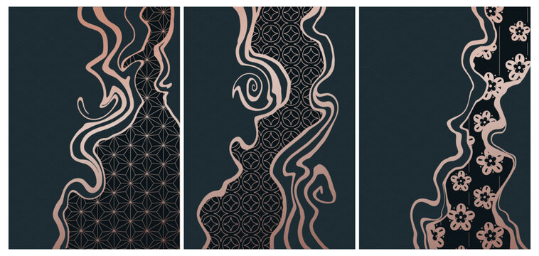 vector abstract japanese style landscapes lined waves in black and gold colours	, set of 3 artwork