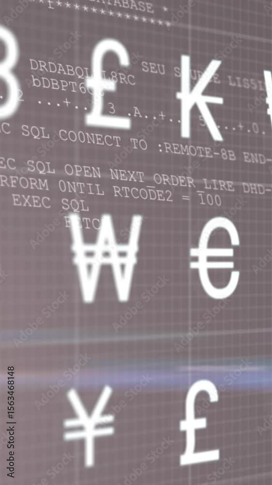 Poster animation of multiple currency symbols over data processing against light spot on black background
