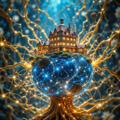 Obraz premium Beautiful Architecture Resting on a Luminous Networked Globe, Perched on a Tree Trunk with Intricately Entangled Roots and Branches