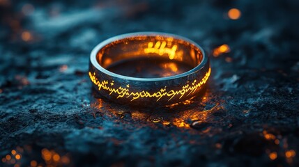 Glowing ring, inscription, volcanic rock, embers, fantasy, film, jewelry, magic, power, backdrop