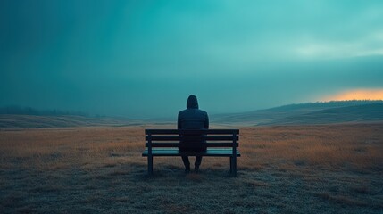 Solitary figure on bench, dawn prairie, misty landscape, contemplation, solitude