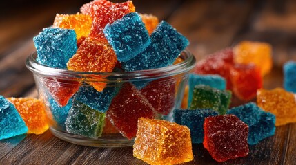 Colorful gummy candies arranged in a glass bowl on a rustic wooden table, vibrant textures, delightful sweet treat for all ages, eye-catching display