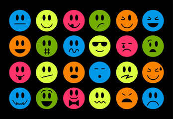 Colorful happy smiling face label shape set. Collection of trendy retro emoji face icons. Funny comic neon color emotions character art sign patch bundle.