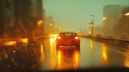 Rainy night city driving, blurred lights, urban traffic, motion blur, website banner
