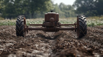 Rusty tractor plows field, rural landscape background, agriculture