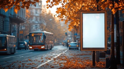 Blank billboard in autumnal city with buses and fallen leaves scenic view