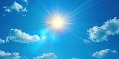 Bright sun shines over a clear blue sky with fluffy clouds on a warm summer day