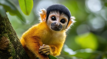 Golden-mantled squirrel monkey rainforest portrait, jungle bokeh