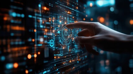 Hand interacts with futuristic interface, city backdrop, data analysis
