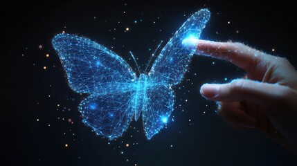 Digital Butterfly, Fingertip Touch, Dark Background, Transformation, Technology Concept