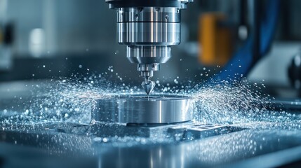 Precision machining, factory, metal cutting, coolant spray, industrial automation