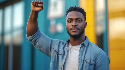 Man raises fist, urban protest, building backdrop, activism image