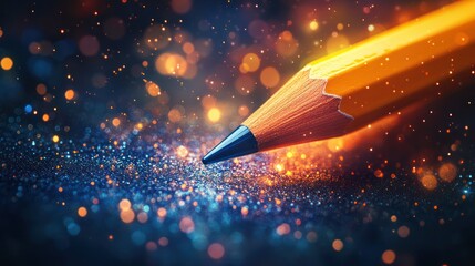 Yellow pencil, glittering bokeh background, close-up, creative writing
