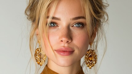 Portrait of a woman with golden earrings and natural makeup in a studio