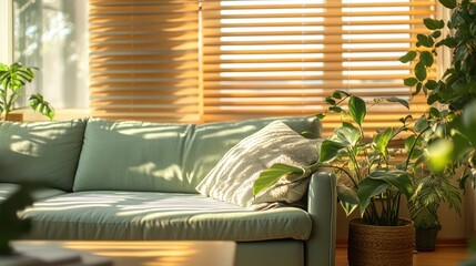 Sunny living room, green sofa, plants, blinds, sunlight, relaxation, home decor, interior design, advertisement