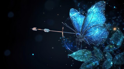 Digital butterfly pierced by arrow, dark background, glowing leaves, technology concept
