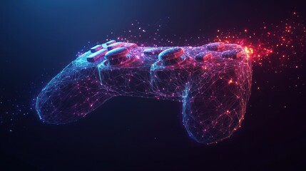 Glowing controller, digital dust, dark background, gaming concept
