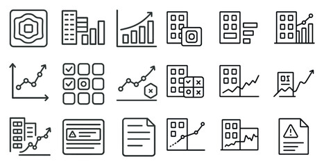 Set of icons for graphs and charts. The icons include a line graph, a bar graph, a pie chart, and a scatter plot