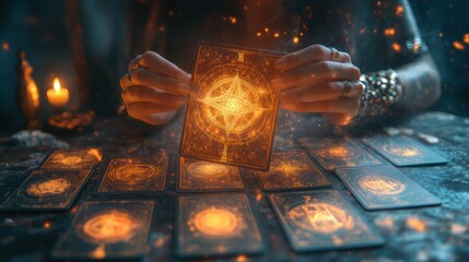Mystic reads tarot cards, fiery background, fortune telling, dark ritual