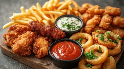 Delectable fast food platter featuring diverse fried delicacies and dipping sauces