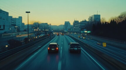 Dusk highway traffic, city skyline, Japan, driving