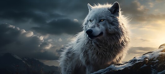 A haunted gothic white wolf perched on a wind-swept hill,ai generative