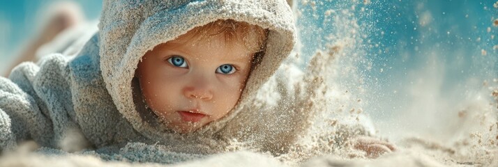 Baby exploring sandy beach during sunny day while wearing cozy hoodie and discovering new textures