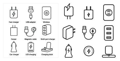Set of icons for various electronic devices and accessories. The icons are in black and white and are arranged in a grid. Scene is simple and straightforward, with each icon clearly labeled