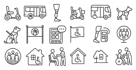 Series of icons depicting various modes of transportation and people with disabilities. The icons include a bus, a scooter, a wheelchair, a dog, a person with a cane, and a person with a dog