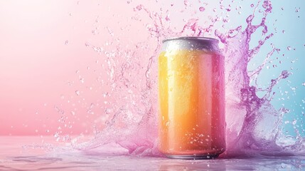 Pastel splash, soda can, studio shot, vibrant background, beverage ad