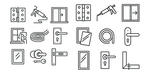 Set of icons for various types of doors and windows. The icons include a door handle, a window handle, a window lock, a window latch, a window screen, a window lock, a window latch, a window screen