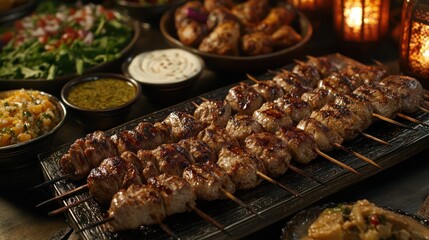 Grilled kebabs, Middle Eastern feast, dimly lit setting, food photography, restaurant menu