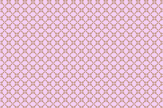 Elegant repeating pattern of brown ornate shapes on a soft pink background