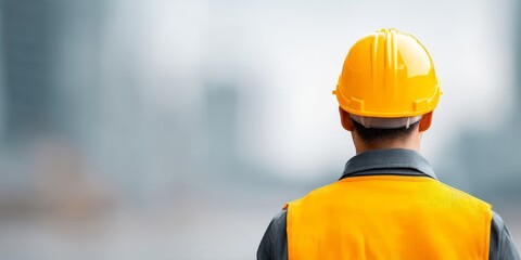 Dedicated Laborers in Their Professional Workplace Environment, Construction worker wearing a safety helmet and vest, viewed from behind, on a blurred site background.