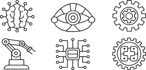 Artificial Intelligence Icon Pack, robot gear, AI automation, neural links, chatbot icons for smart systems and tech apps