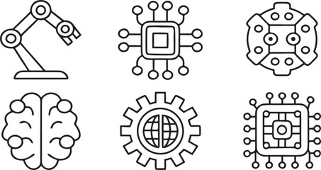 AI and Robotics Icon Set, robot arm, AI chip, neural network, automation, gear, chatbot, tech icons for future innovation platforms