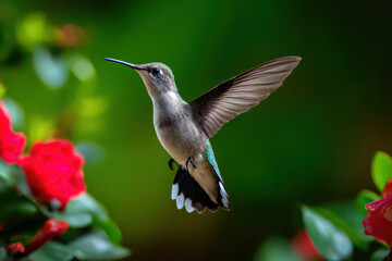 Hummingbird in Mid-Air Near a Red Flower Wings Motion Blur