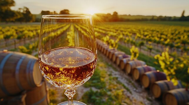 Golden Pineau crystal wine glass late afternoon sun glowing through honey colored liquid vineyard rows stretching to horizon 50mm lens Charentes wine cellar with oak barrels