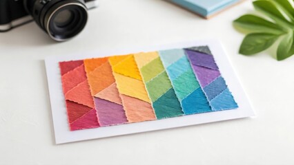 Blurred textured collage of torn colorful paper pieces arranged on clean white surface
