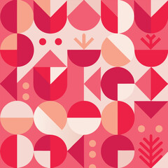 Contemporary seamless pattern with simple geometric shapes in pink and red colors. Stylish abstract background in Scandinavian style for print, design, fabric. Vector illustration