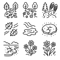 Seasonal Trail Icons. Line style icons of seasonal trail changes: autumn leaf path, spring bloom trail, winter snowshoe trail,