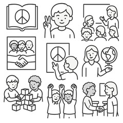 Peace Education Icons. Line style icons of child and peace education: peace school book, child raising peace sign, inclusive