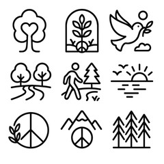 Peaceful Nature Icons. Line style icons of peaceful nature and environment: tree and heart, garden of peace, clear sky dove, river