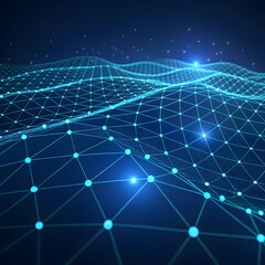 Fototapeta premium “Futuristic glowing blue mesh network forming abstract waves in a digital space.”