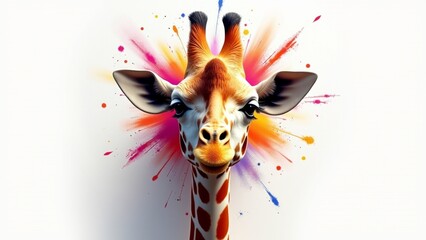 A close-up portrait of a giraffe with realistic features, splashes of vibrant acrylic paint in orange, teal, pink, and yellow accenting its neck and head, white background