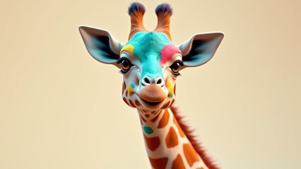 A close-up portrait of a giraffe with realistic features, splashes of vibrant acrylic paint in orange, teal, pink, and yellow accenting its neck and head, white background