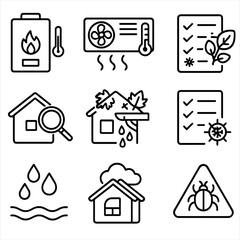 Seasonal Inspection Icons. Line style icons of seasonal inspection items: winter heating check, summer cooling inspection, spring